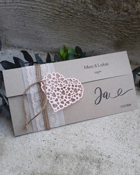 Einladungskarte zur Hochzeit vintage natural Kraft incl. Druck DINlang gefaltet