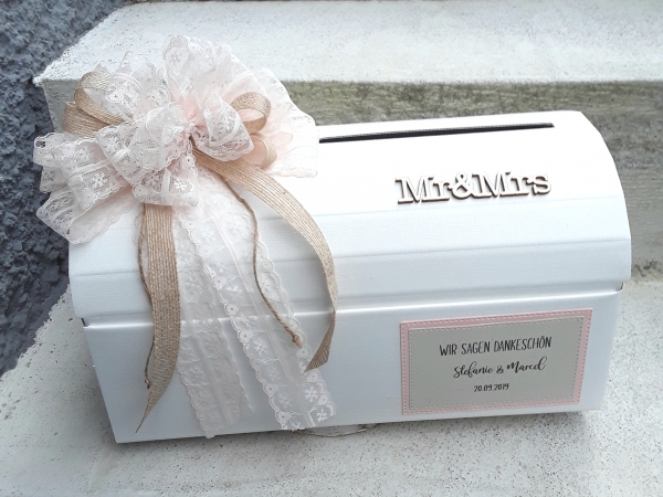 Briefbox Brieftruhe f. Geldgeschenke Hochzeit Hochzeitspost vintage zartrosa beige Mr&Mrs