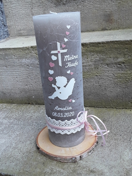 Taufkerze Kommunionskerze Konfirmation rustikal vintage Engel taupe 25x8 cm rosa altrosa