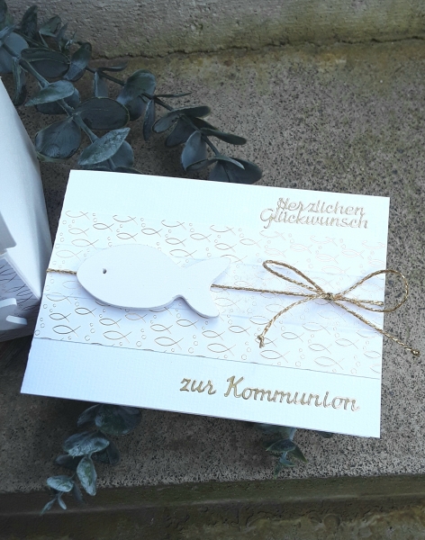 Geschenkbox + Karte f. Geldgeschenke Taufe, Kommunion, Konfirmation gold Fische