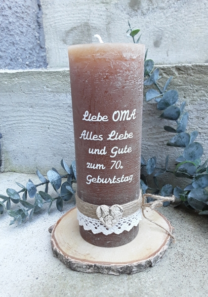 Kerze zum Geburtstag Jubiläum braun rustikal rustic grau vintage 22x7 cm incl. weisser Beschriftung