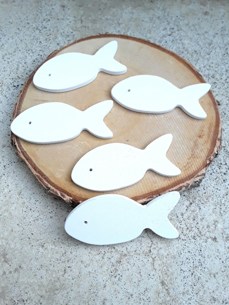 5 x Fisch Streudeko Deko Holz weiß weiss 6,5 cm Fische Streuteile Tischkarten Taufe Tischdeko