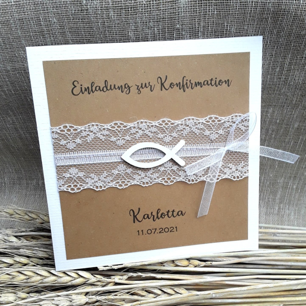 Personalisierte Einladungskarte Einladung Taufe Kommunion Konfirmation Spitze Fisch vintage Kraft Taupe