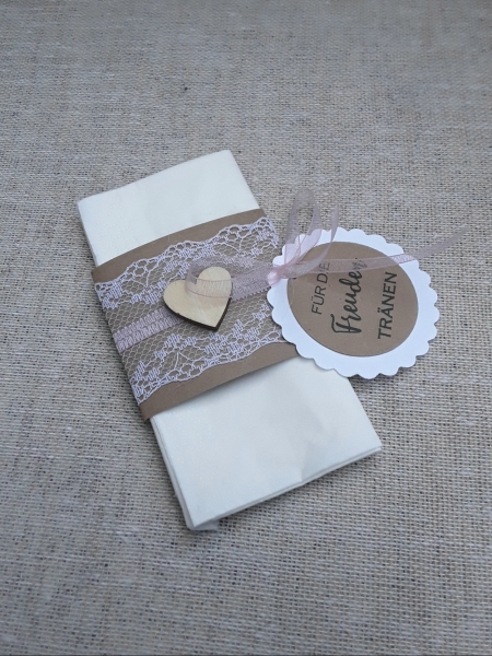 Banderole für Taschentücher Freudentränen Hochzeit Kraft vintage Spitze Holzherz