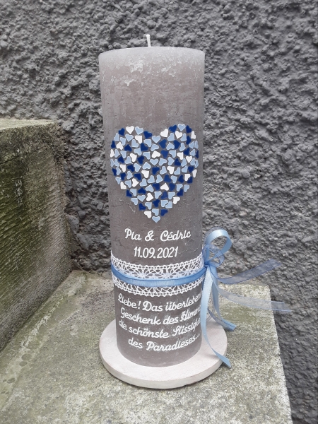 Hochzeitskerze Herz Herzchen hellblau blau taupe rustikal vintage Spruch 25x8 cm Teelichteinsatz