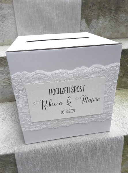 Briefbox zur Hochzeit für Geldgeschenke vintage Spitze creme Perlmutt Kraft boho personalisiert