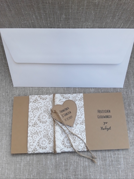 Besondere Geldkarte Glückwunschkarte Geldgeschenk zur Hochzeit Kraft vintage Spitzenmotiv