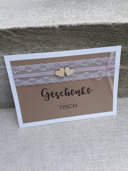Schild Karte Geschenketisch vintage Hochzeit Spitze Kraft Karton Holzherzen einfach oder doppelt