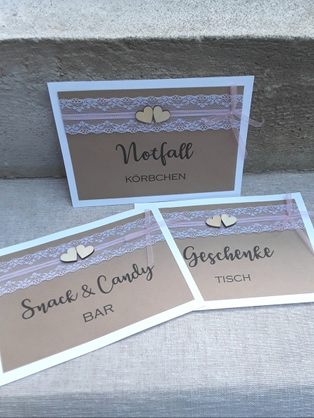 Schild Karte Geschenketisch vintage Hochzeit Spitze Kraft Karton Holzherzen einfach oder doppelt