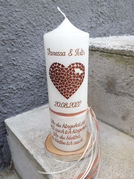 Hochzeitskerze creme 25x8 cm Kupfer Herz Herzchen Hochzeit rosegold roségold