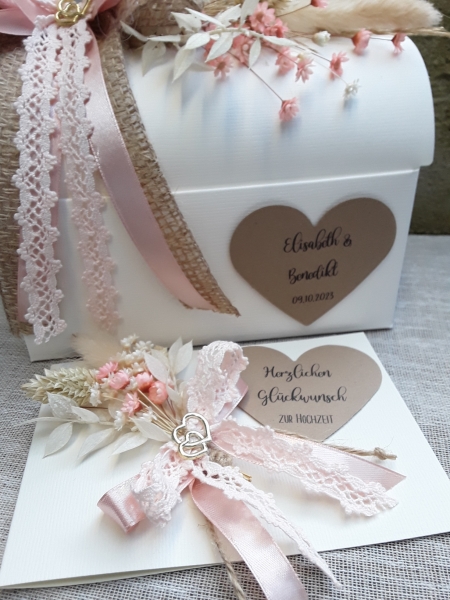 Geschenkbox + Glückwunschkarte Trockenblumen Geldgeschenk Hochzeit vintage apricot lachs creme Jute