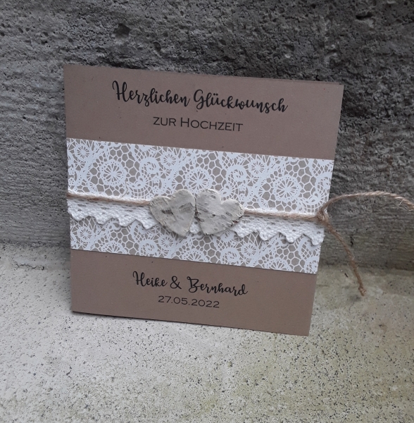 Glückwunschkarte zur Hochzeit personalisiert rustikal quadratisch vintage Birkenherzen Spitze Kraft