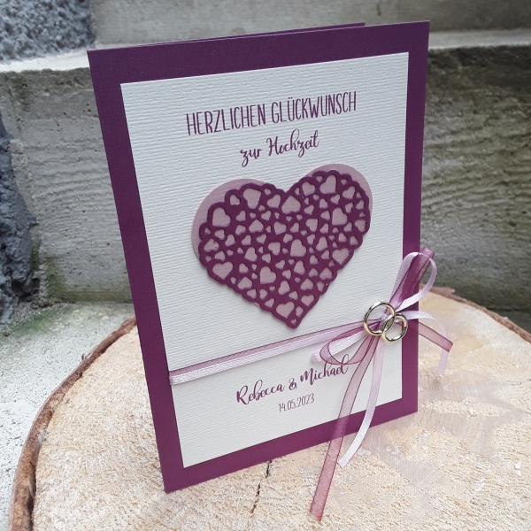 Glückwunschkarte zur Hochzeit personalisiert B6 berry creme Herz altrosa