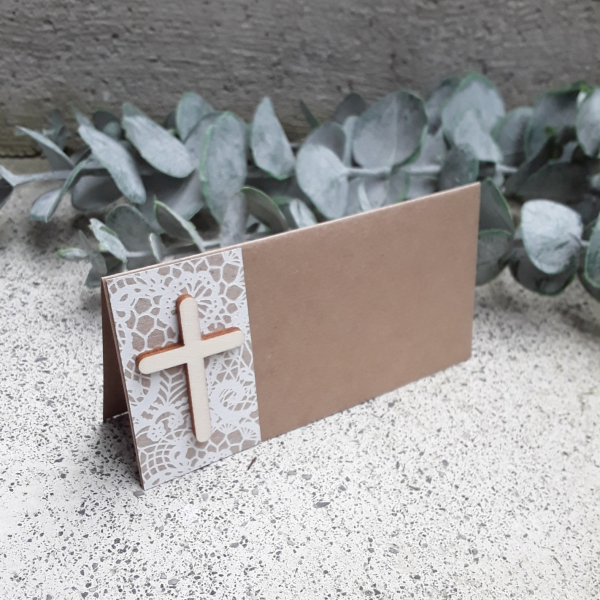 Tischkarte Spitzenmotiv Kraft vintage Kreuz Kommunion Tischkärtchen Platzkarte