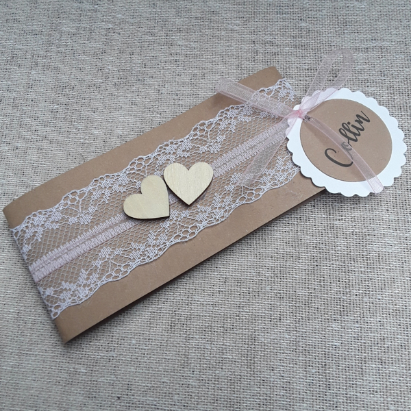 Geschenkanhänger Gastgeschenkanhänger rund incl. Druck weiß Kraft Taupe grau