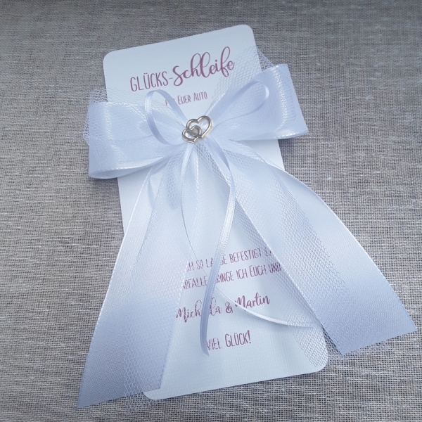 Glücksschleife Schleife Antennenschleife Dekoschleife Hochzeit weiß gold Tüll Karte