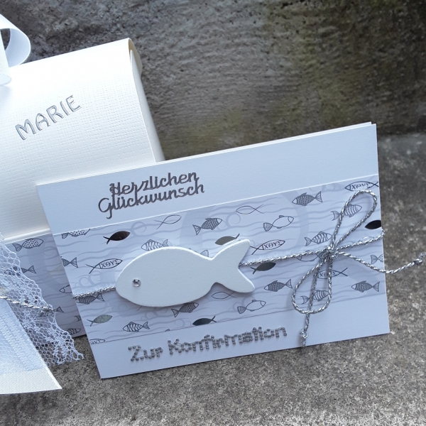 Geschenkbox + Karte f. Geldgeschenke Taufe, Kommunion, Konfirmation silber Fische