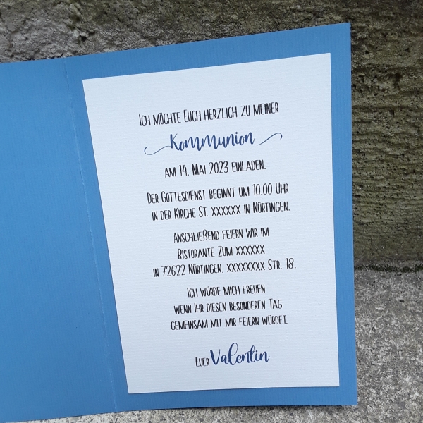 Einladungskarte kirchliche Motive blau B6 zur Taufe Kommunion Konfirmation