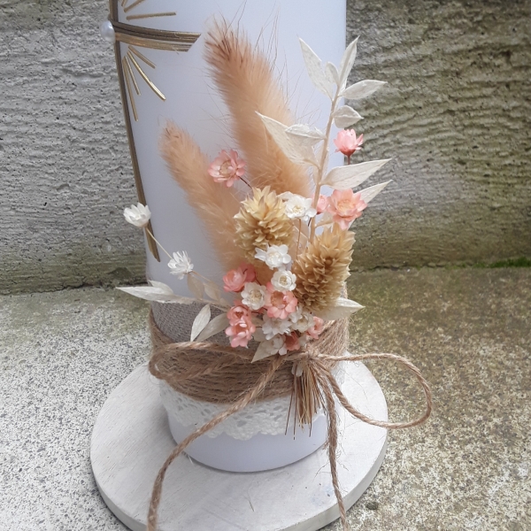 Taufkerze Kommunionskerze Konfirmation Kerze rustikal vintage taupe 25x8 cm natur Leinen Trockenblumen