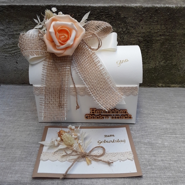 Geschenkbox + Glückwunschkarte Trockenblumen Geldgeschenk Geburtstag Hochzeit vintage apricot lachs creme Jute