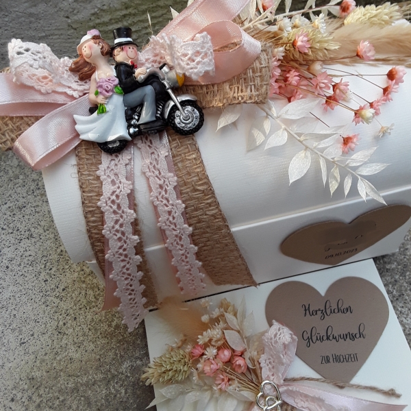Geschenkbox + Glückwunschkarte Trockenblumen Geldgeschenk Hochzeit vintage Motorrad