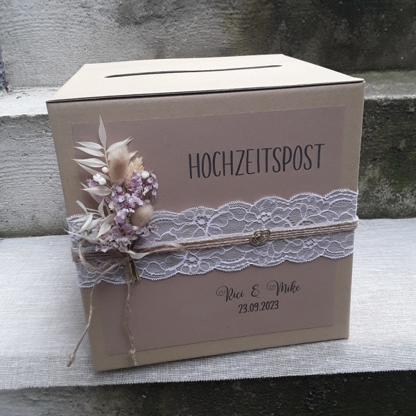 Briefbox für Geldgeschenke zur Hochzeit vintage rustikal Kraft Trockenblumen Trockenblumenstrauß personalisiert
