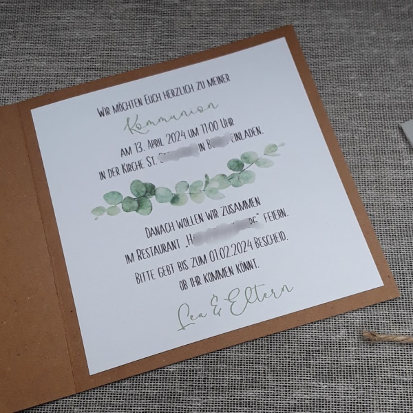 Einladungskarte zur Kommunion Konfirmation Taufe Eukalyptus Eukalyptuskranz Kraft vintage greenery Zwillinge