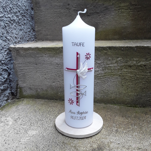 Schlichte Taufkerze Kommunionskerze Fische silber weiß weiss 25x7cm 25x6 cm Kreuz farbig berry
