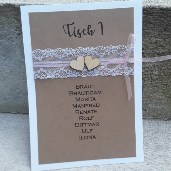Sitzplan Tischnummer Karte Schild vintage Hochzeit Spitze Kraft Karton Holzherzen