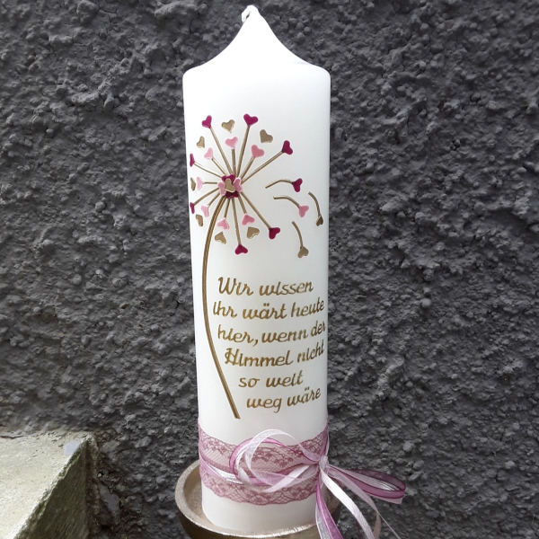 Personalisierte Gedenkkerze Erinnerungskerze zur Hochzeit mit Pusteblume creme 25x7 cm berry altrosa gold Beerentöne