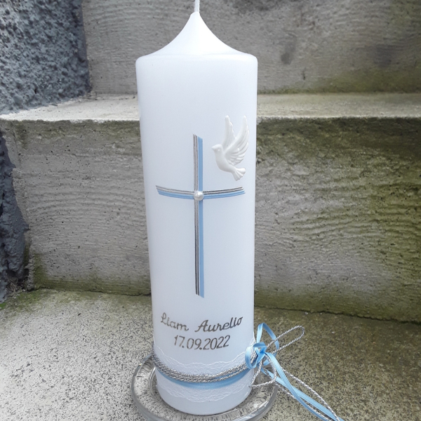 Personalisierte Taufkerze 25x6 weiss creme 25 x 7 cm silber Kommunionskerze 40x4 cm klassisch schlicht