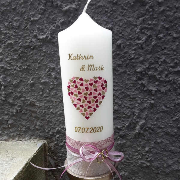 Personalisierte Hochzeitskerze creme 25x8 cm berry altrosa gold Herz Herzchen Hochzeit Beerentöne Leinen