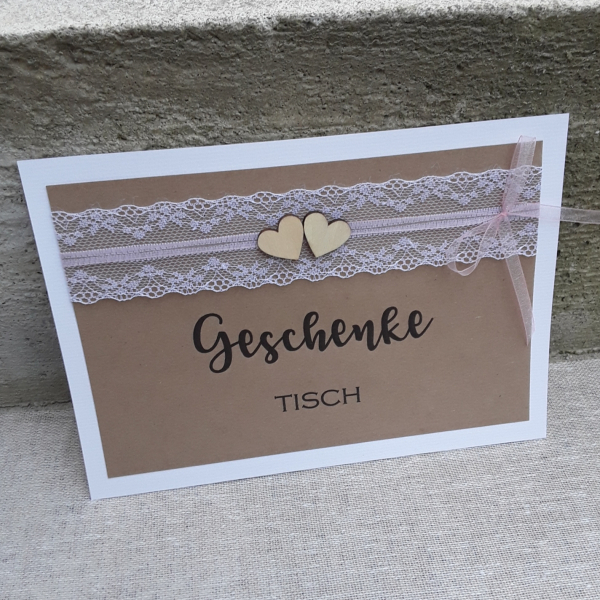 Schild Karte für Geschenketisch Snackbar Candybar Notfallkörbchen Gästebuch vintage Hochzeit Spitze