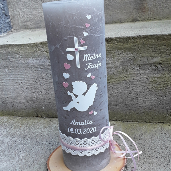 Personalisierte Engelkerze Taufkerze Kommunionskerze Konfirmationskerze rustikal vintage Engel taupe 25x8 cm rosa altrosa