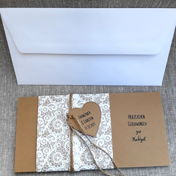 Besondere Geldkarte Glückwunschkarte Geldgeschenk zur Hochzeit Kraft vintage Spitzenmotiv