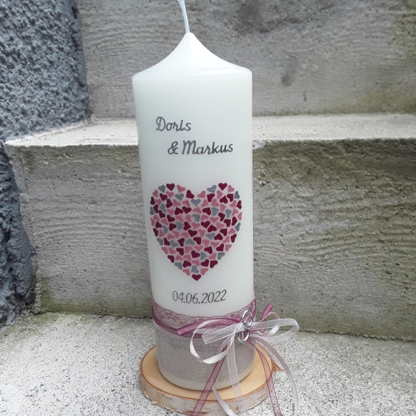 Personalisierte Hochzeitskerze creme 25x8 cm berry altrosa gold Herz Herzchen Hochzeit Beerentöne Leinen
