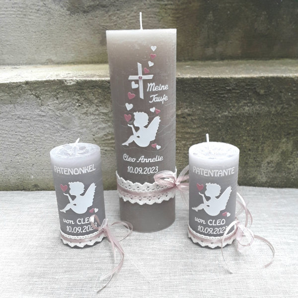Patenkerze passend zur Taufkerze taupe Engel 13x7 cm Taufe Geschenk Patenonkel Patentante Oma Opa Geschenk