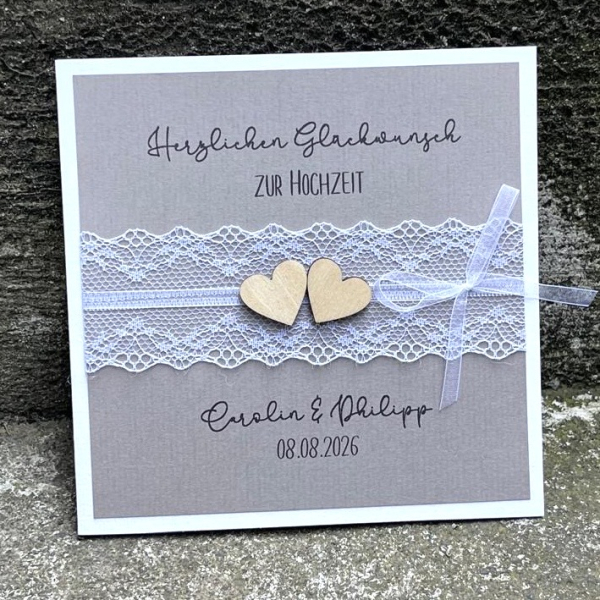 Personalisierte Glückwunschkarte zur Hochzeit - Kraft oder Taupe mit Spitze im Vintage-Stil