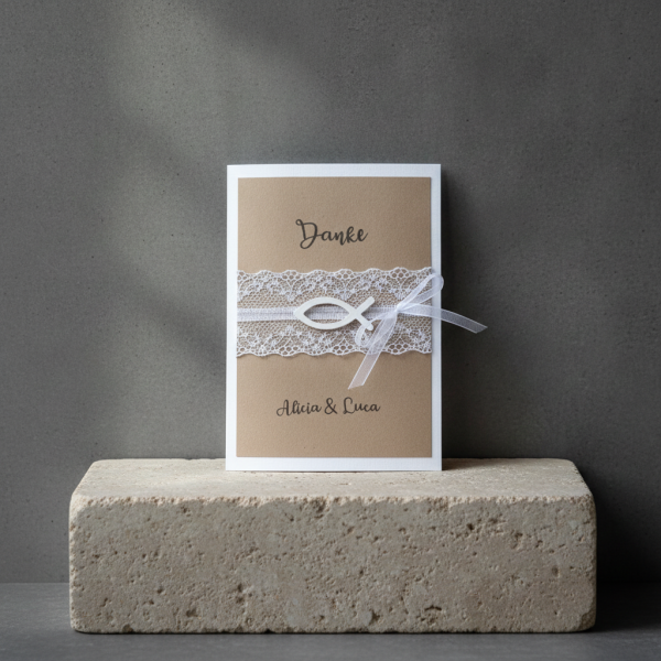 Danksagung Dankeskarte vintage Fisch Taufe Kommunion Konfirmation Herzchen Hochzeit A6 Kraft taupe