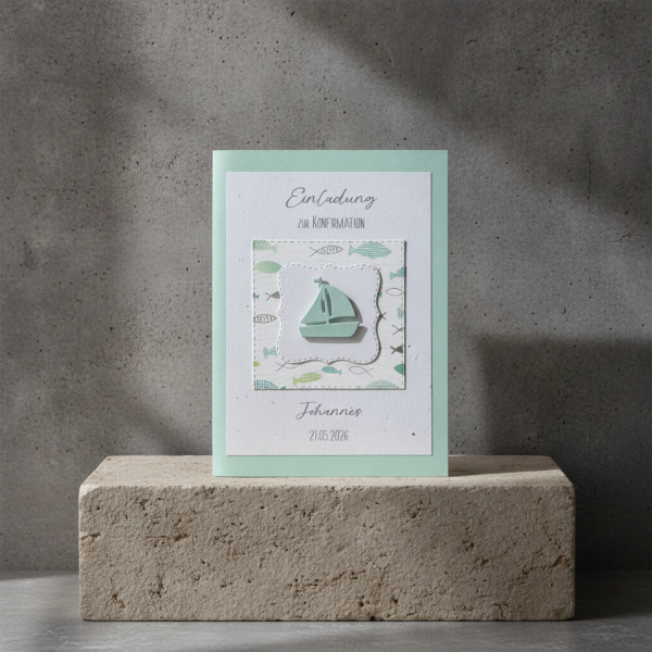 Einladungskarte Boot Schiff Fische mint silber B6 natur zur Kommunion Konfirmation Taufe Firmung