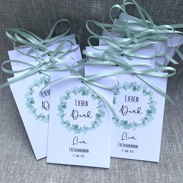 Gastgeschenk Blumensamen Eukalyptuskranz Papiertüte einfach Taufe, Kommunion, Konfirmation, Firmung, greenery Hochzeit
