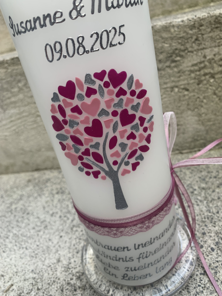 Hochzeitskerze Lebensbaum Herzen Herzchen creme 25x8 cm berry altrosa gold silber Hochzeit Beerentöne weiß Trauspruch