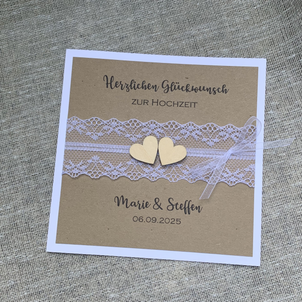 Glückwunschkarte zur Hochzeit personalisiert Kraft Spitze vintage Holzherzen