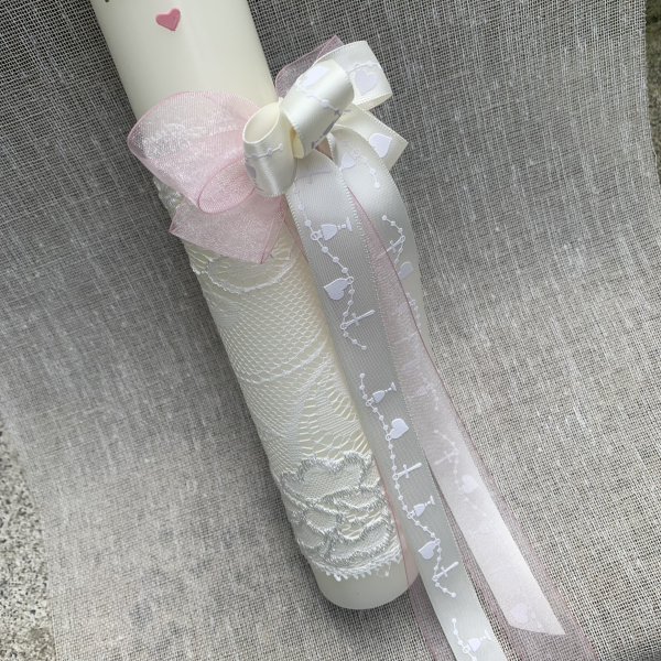 Taufkerze Kommunionkerze Kommunionskerze vintage creme Spitze 40x4 cm Kerzenschleife altrosa rosa gold