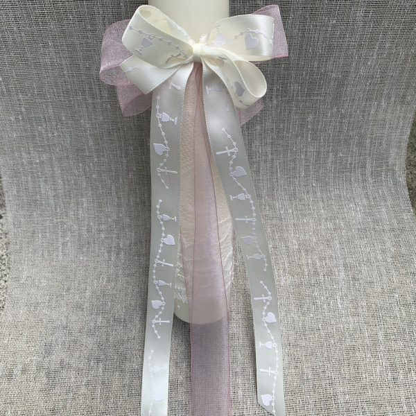 Taufkerze Kommunionkerze Kommunionskerze vintage creme Spitze 40x4 cm Kerzenschleife altrosa rosa gold