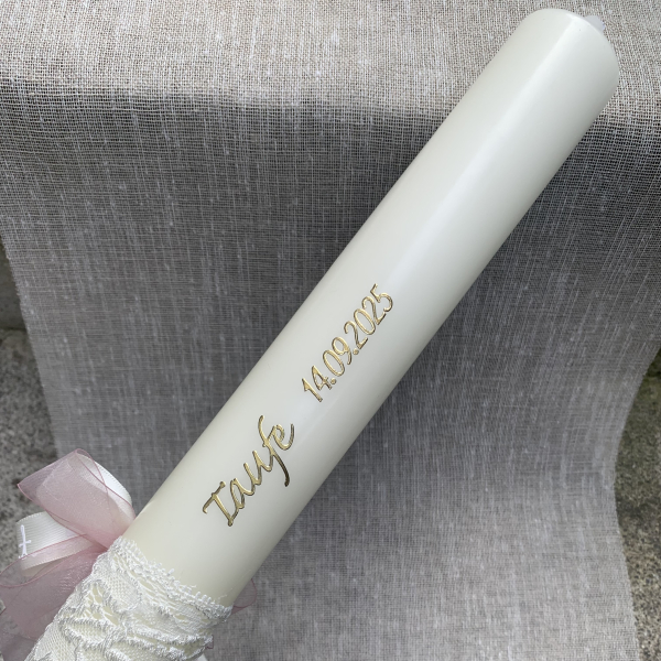 Taufkerze Kommunionkerze Kommunionskerze vintage creme Spitze 40x4 cm Kerzenschleife altrosa rosa gold
