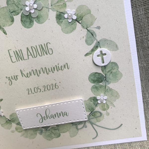 Einladungskarte zur Kommunion Konfirmation Taufe Eukalyptus Blumen Taube Blumenkranz Eukalyptuskranz 15,2 x15,2 incl. Briefumschlag