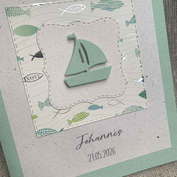 Einladungskarte Boot Schiff Fische mint silber B6 natur zur Kommunion Konfirmation Taufe Firmung