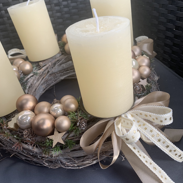 Adventskranz braun Naturtöne rustic creme kupfer beige braun weiss gold Unikat