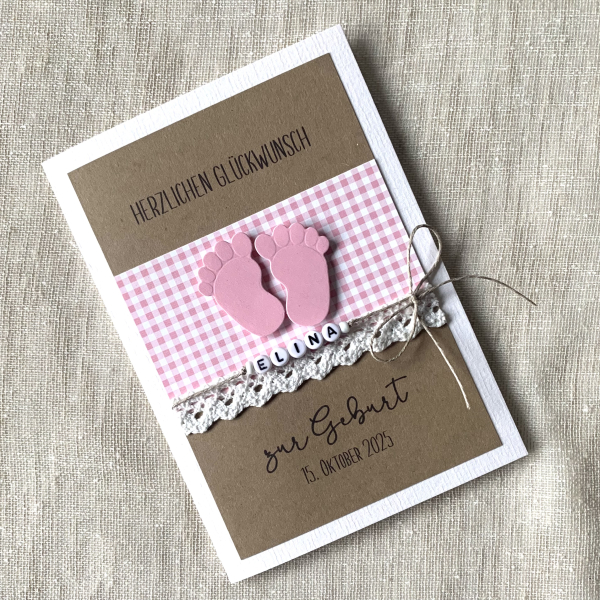 Glückwunschkarte zur Taufe Geburt vintage hellblau rosa Namensbändchen Namenskette Junge Mädchen  Kraft B6